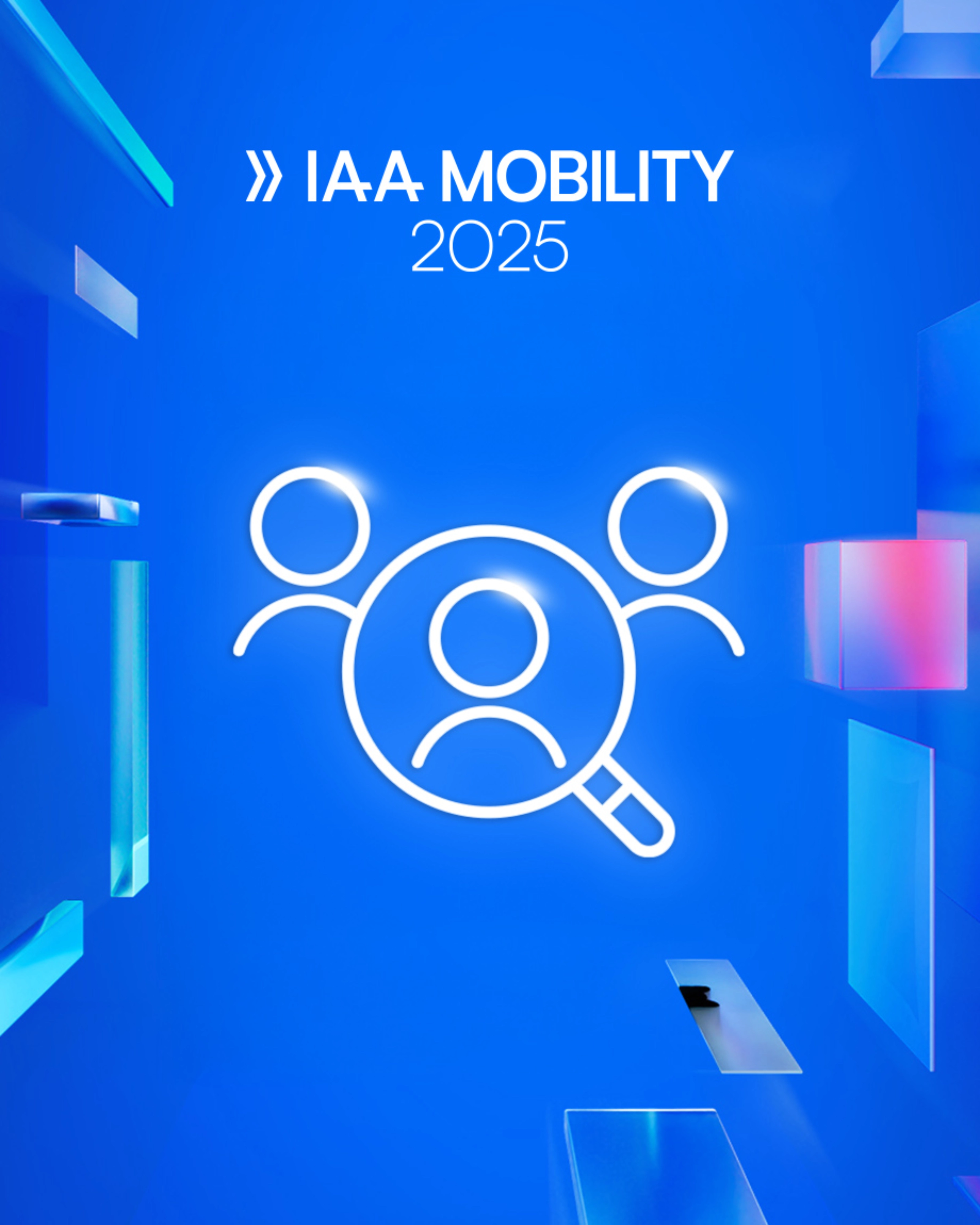 Logo der IAA Mobility 2025 mit Symbol von drei Personen und Lupe auf blauem Hintergrund.