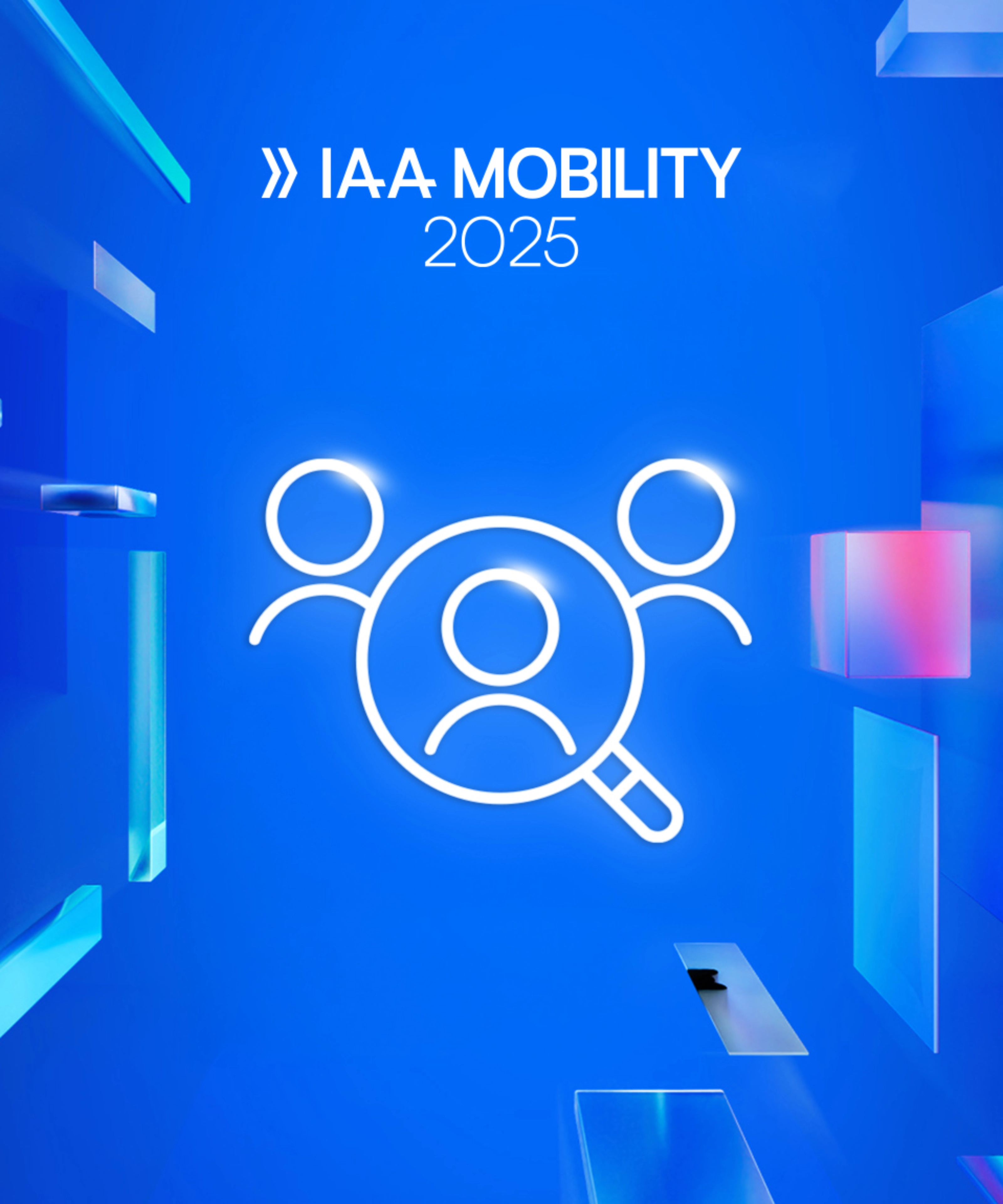 Logo der IAA Mobility 2025 mit Symbol von drei Personen und Lupe auf blauem Hintergrund.