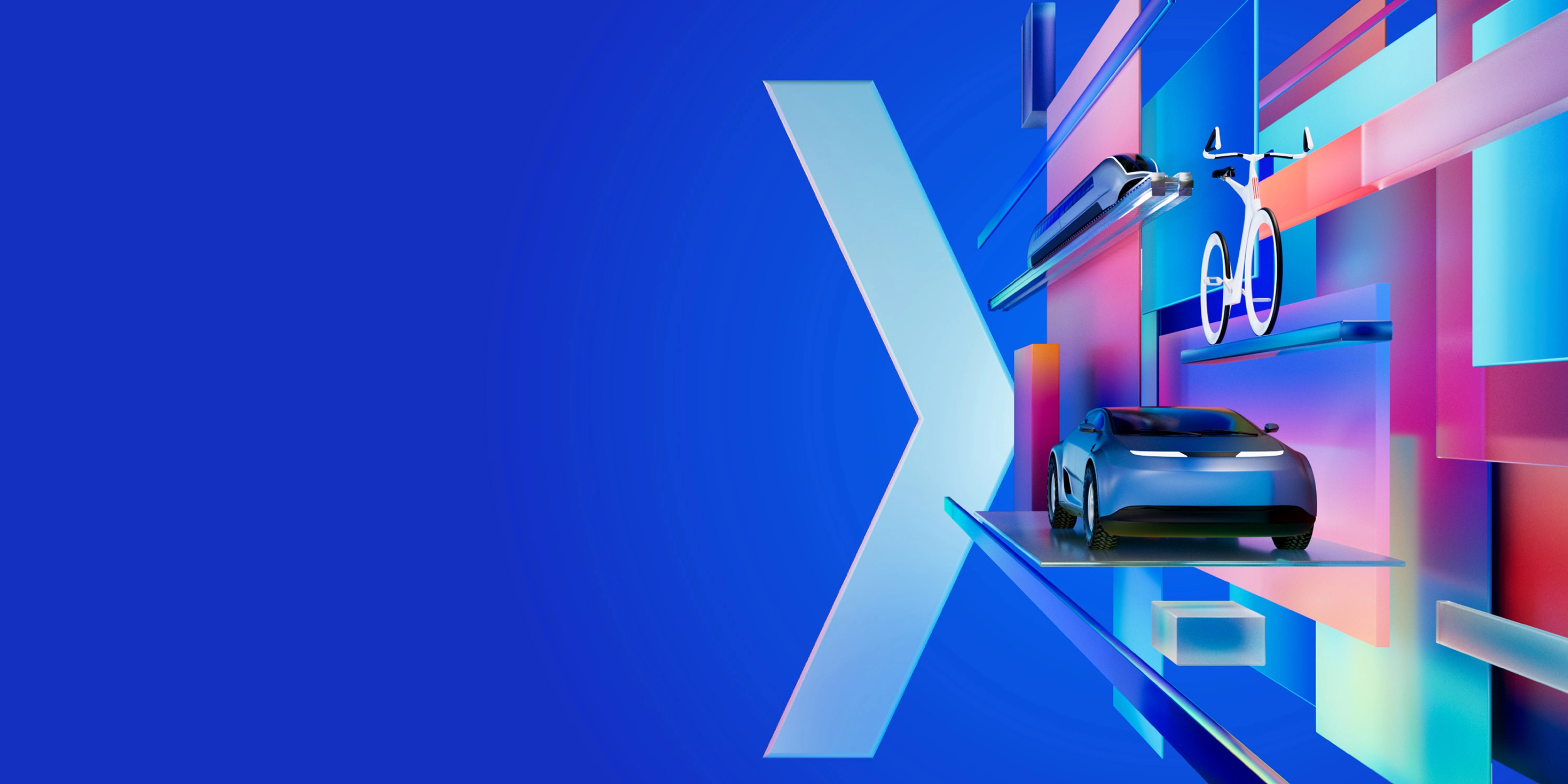 Futuristische digitale Grafik mit Auto, Drohne und Radfahrer zwischen bunten geometrischen Formen auf blauem Hintergrund, symbolisiert das Thema der IAA MOBILITY 2025.