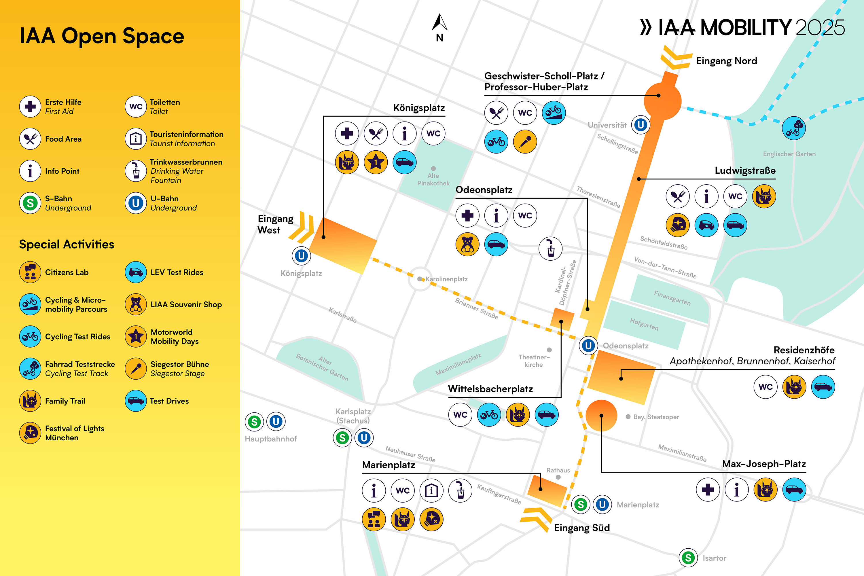 Map of the IAA Open Space 2025 in Munich showing event areas from Königsplatz to Marienplatz, with marked entrances at West, North, and South, and highlighted locations like Odeonsplatz and Max-Joseph-Platz.
